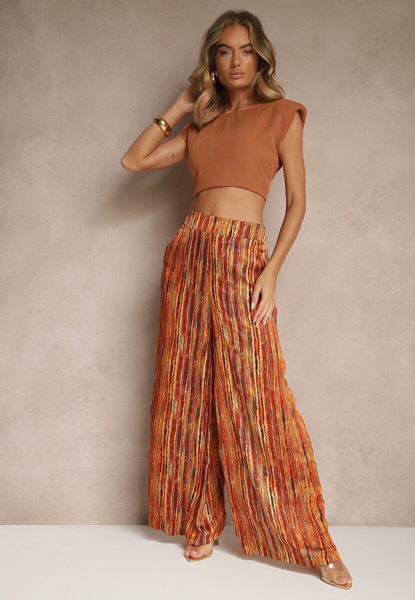Pomarańczowo-Źółte  Spodnie w Stylu Palazzo Zdobione Brokatem z Gumką w Talii Hinlea