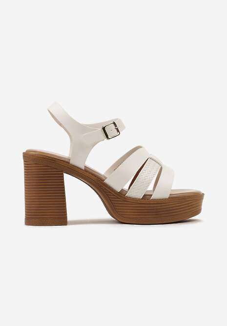 Białe Sandały na Platformie i Słupku z Ekoskóry ze Sprzączką i Wycięciami Riklada