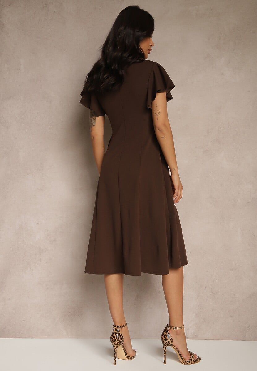 Brązowa Kopertowa Sukienka z Rozkloszowanym Dołem i Ozdobnym Wiązaniem Dannola