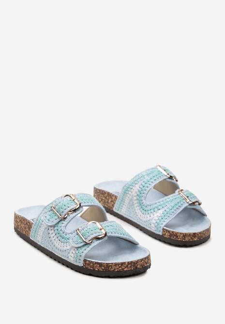 Niebieskie Klapki Ozdobione Wzorem na Szydełku z Korkową Grubą Podeszwą i Klamrami Kanthe