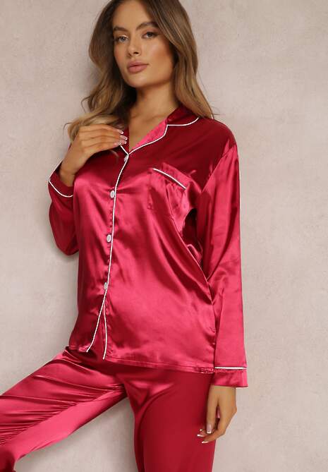 Bordowy 2-częściowy Komplet Piżamowy Satynowy Cishaias