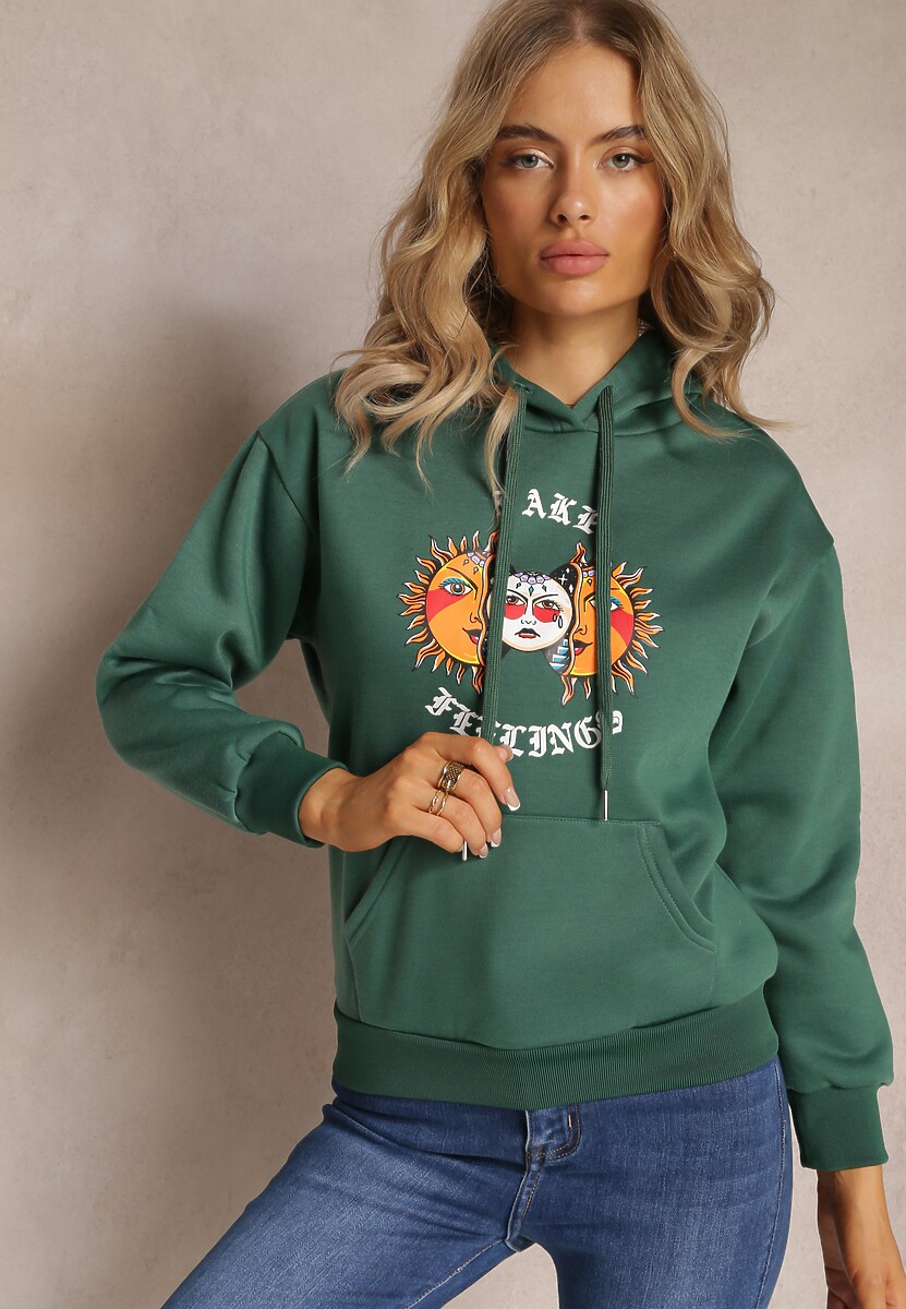 Ciemnozielona Bluza Kangurka z Nadrukiem i Kapturem Uvella