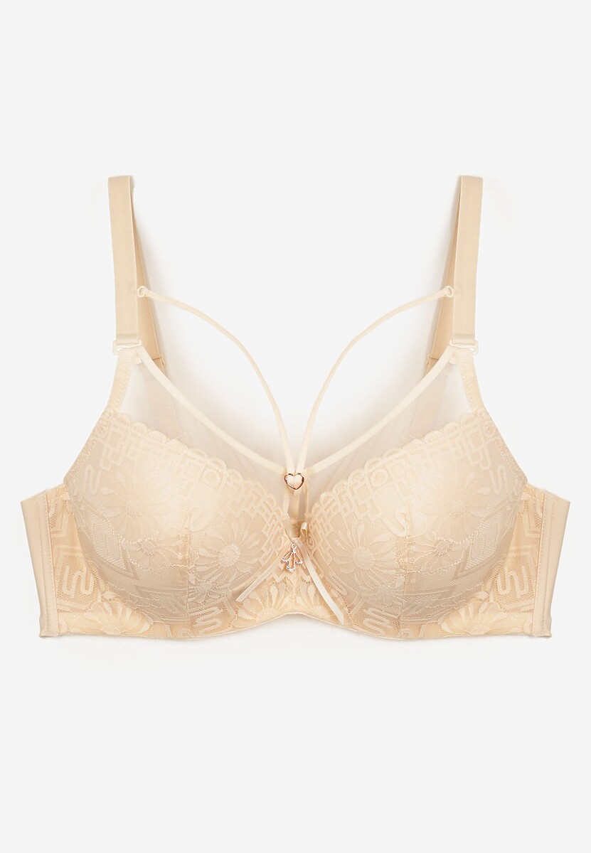 Beżowy Koronkowy Biustonosz Full Cup z Regulowanymi Ramiączkami Nestalily
