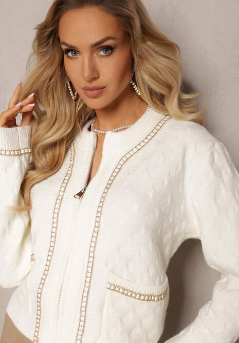 Biały Kardigan z Tłoczonej Wiskozy z Metalicznym Obszyciem Vervezio