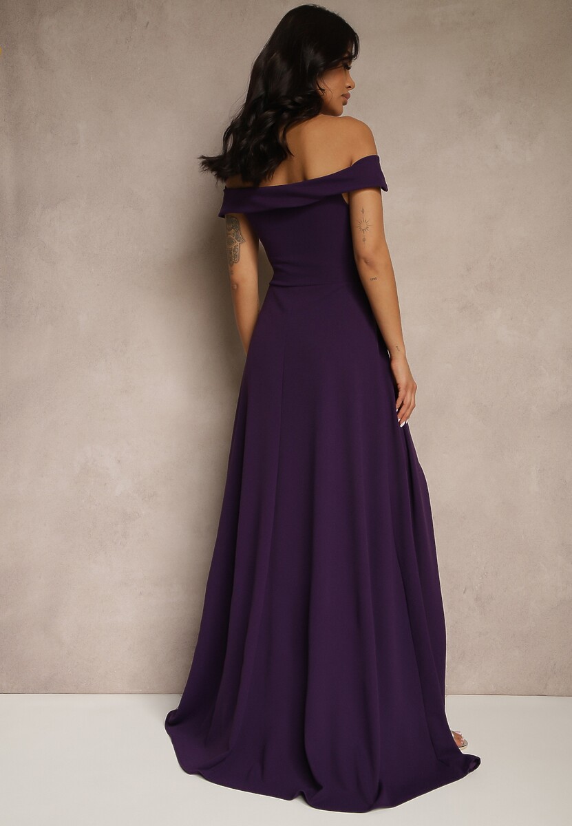 Fioletowa Elegancka Długa Sukienka Hiszpanka Wykończona Rozcięciem na Dole Idelia