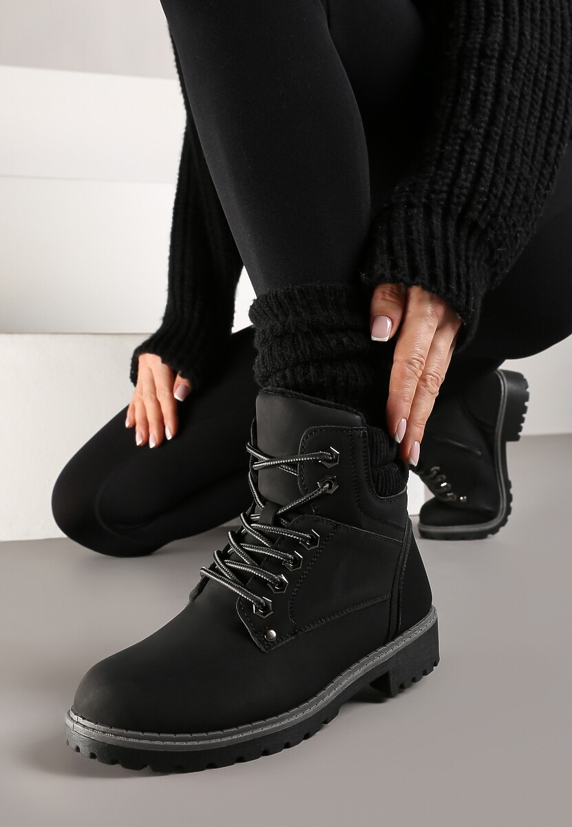 Czarne Sznurowane Casualowe Traperki na Płaskiej Podeszwie Relobia