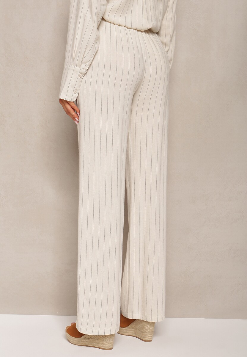 Jasnobeżowe Wiskozowe Spodnie z Lnem o Szerokich Nogawkach Raphilla