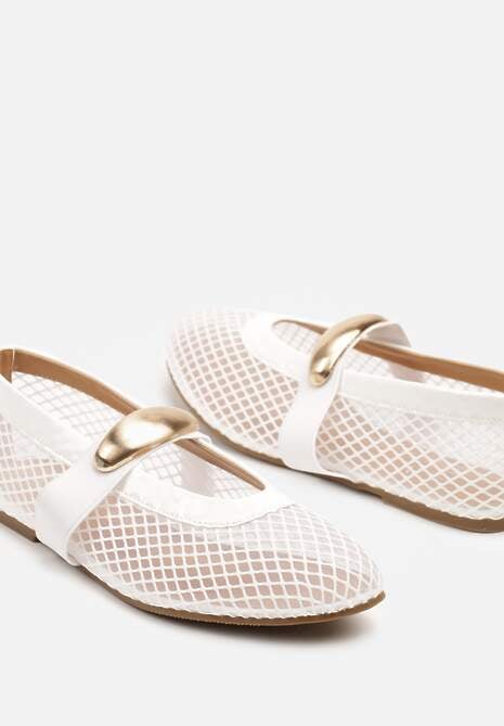 Białe Balerinki z Siateczkową Cholewką i Metaliczną Aplikacją Tathelisa