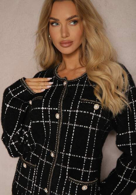 Czarno-Biały Dzianinowy Elegancki Komplet z Kardiganem i Spódnicą w Kratkę Railey