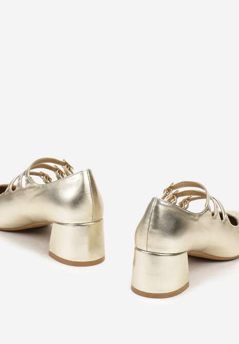 Złote Czółenka na Słupku Ozdobione Paskami Zapinanymi na Sprzączki Santinsa