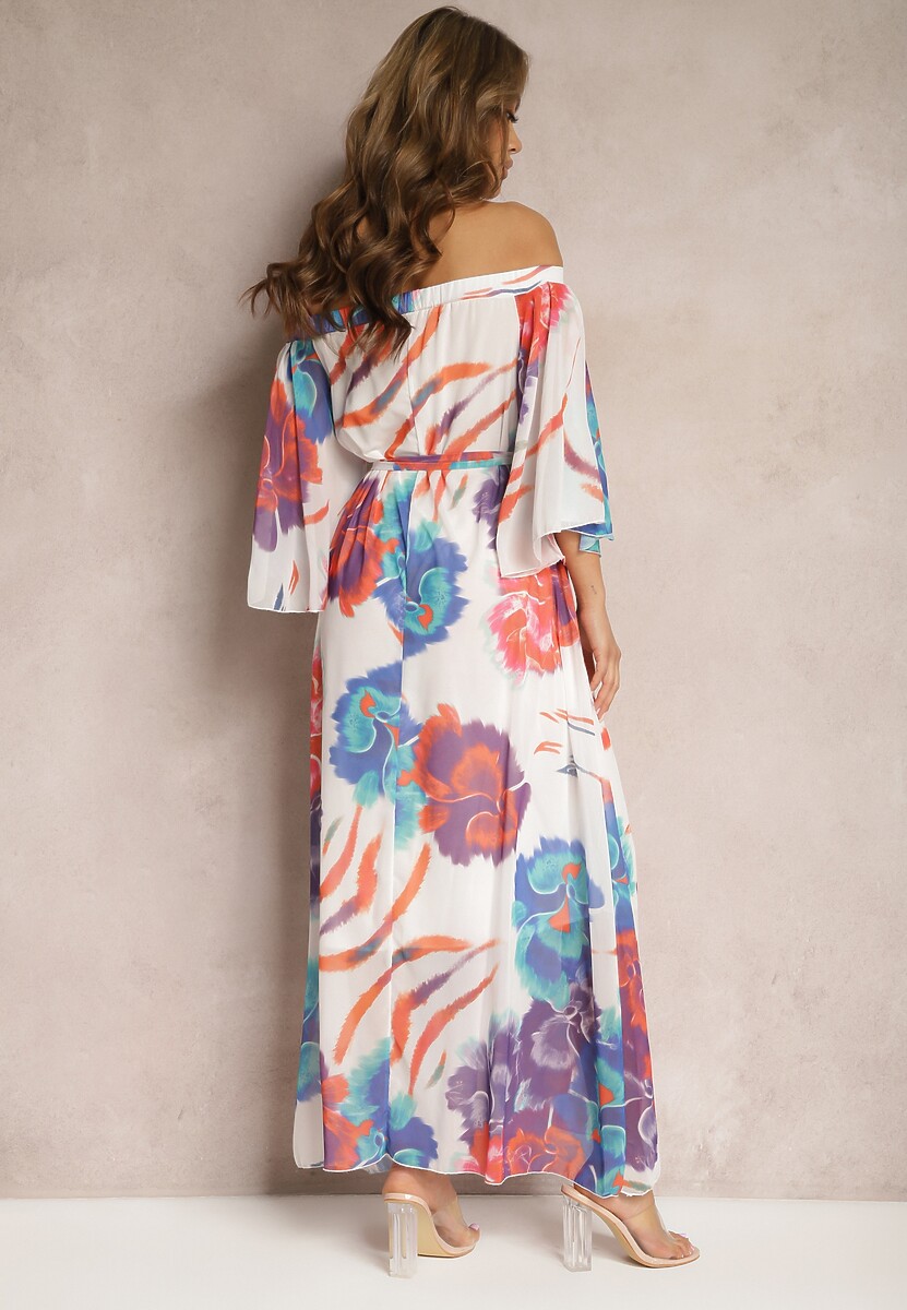 Biało-Różowa Trapezowa Sukienka z Paskiem o Rozkloszowanym Kroju Nellaopa