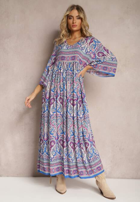 Niebiesko-Fioletowa Rozkloszowana Sukienka we Wzór Paisley z Rękawem 3/4 Briarwa