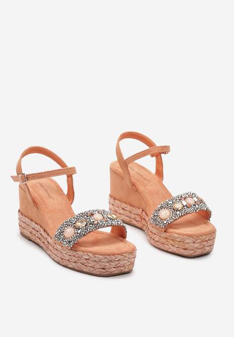 Pomarańczowe Sandały z Ekozamszu na Plecionym Koturnie Ozdobione Kamieniami i Cyrkoniami Riolette