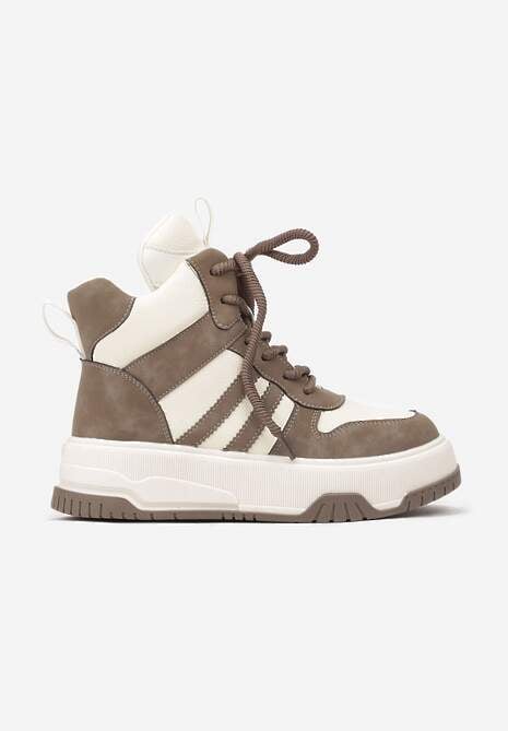 Beżowo-Brązowe Sneakersy na Płaskiej Podeszwie z Wysoką Cholewką w Paski z Ociepleniem Noradwen