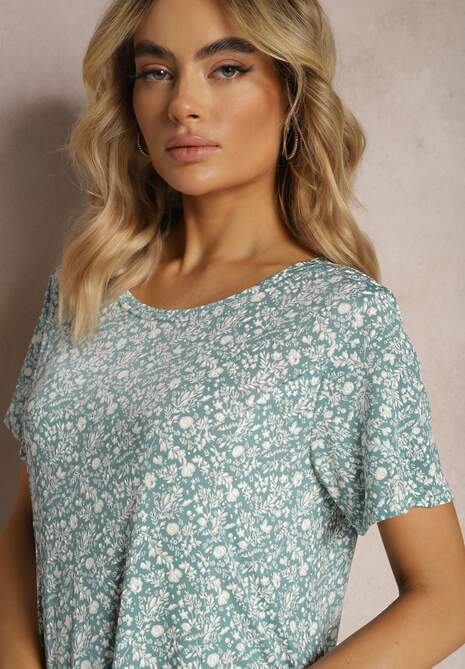 Zielona Krótka Sukienka z Rozkloszowanym Dołem i Okrągłym Dekoltem z Wiskozy Dapnehli