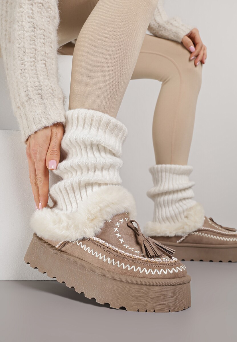 Ciemnobeżowe Śniegowce na Platformie Ozdobione Frędzlami i Haftem Ezivelle