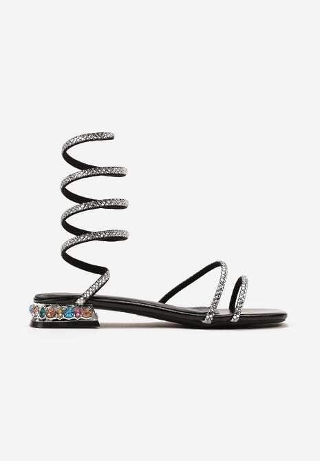 Czarne Sandały z Kryształkami na Płaskim Obcasie z Elastycznymi Paskami z Cyrkoniami Darniafa