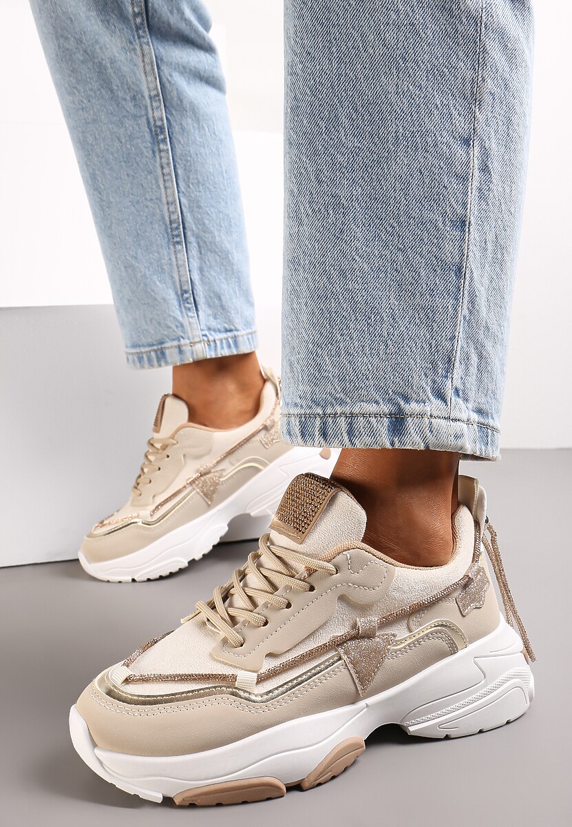 Beżowe Sneakersy z Cyrkoniami na Grubej Podeszwie Leinov