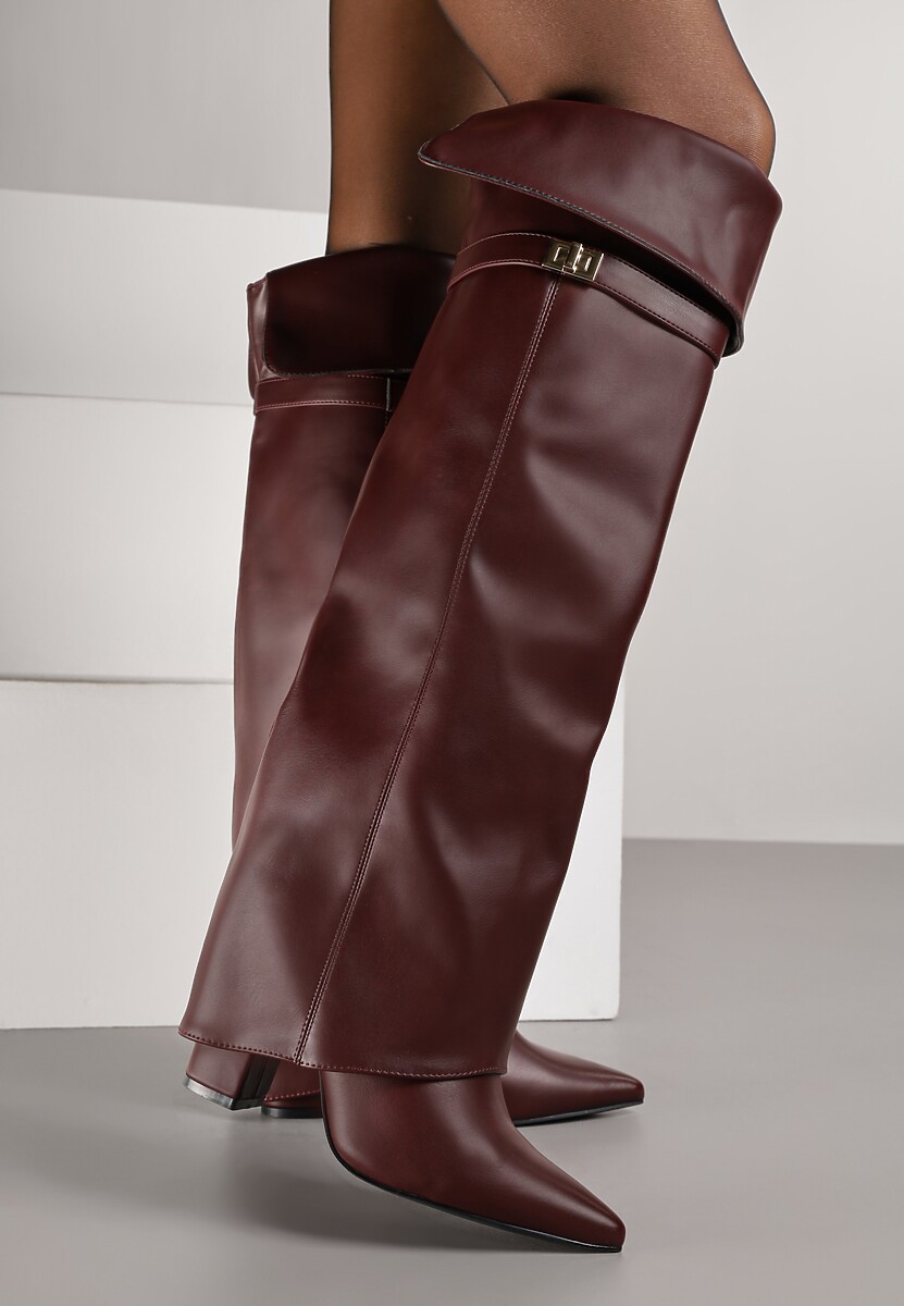 Bordowe Eleganckie Kozaki za Kolano z Cholewką Imitującą Nogawkę Zenesseria