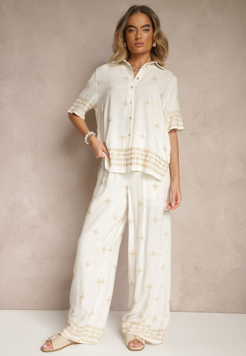 Biało-Beżowy Wiskozowy Komplet Oversize z Haftem Koszula i Spodnie Iffussa