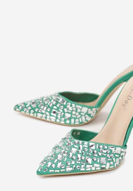 Zielone Sandały na Szpilce z Cyrkoniami i Sprzączką Adatine