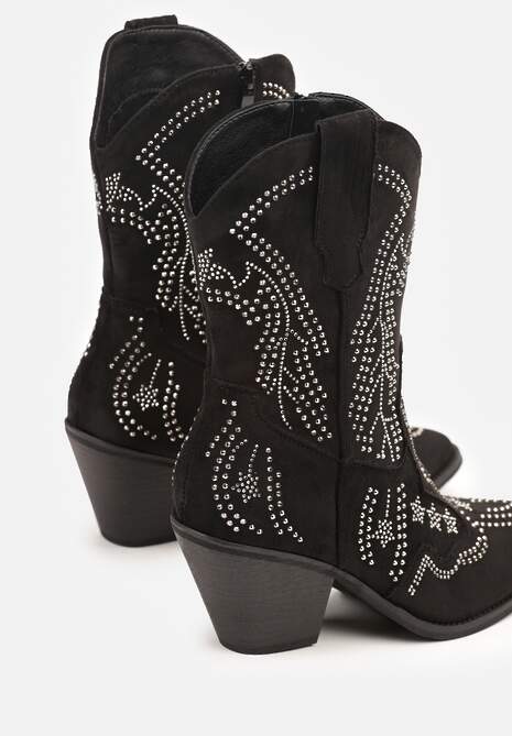 Czarne Botki na Kowbojki na Słupku z Cyrkoniami Flarise
