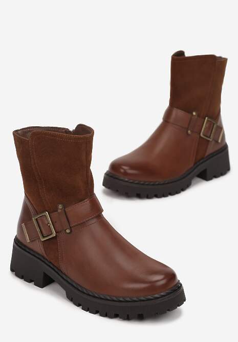 Brązowe Botki Sztyblety z Klamrą Livisi