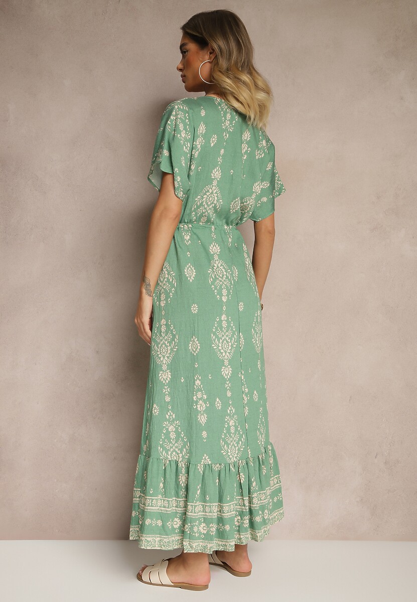 Zielona Rozkloszowana Sukienka z Falbanką w Print Boho z Wiskozą Tunova
