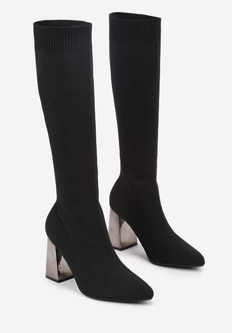 Czarne Skarpetkowe Kozaki VICES do Kolana na Metalicznym Słupku Rafenna