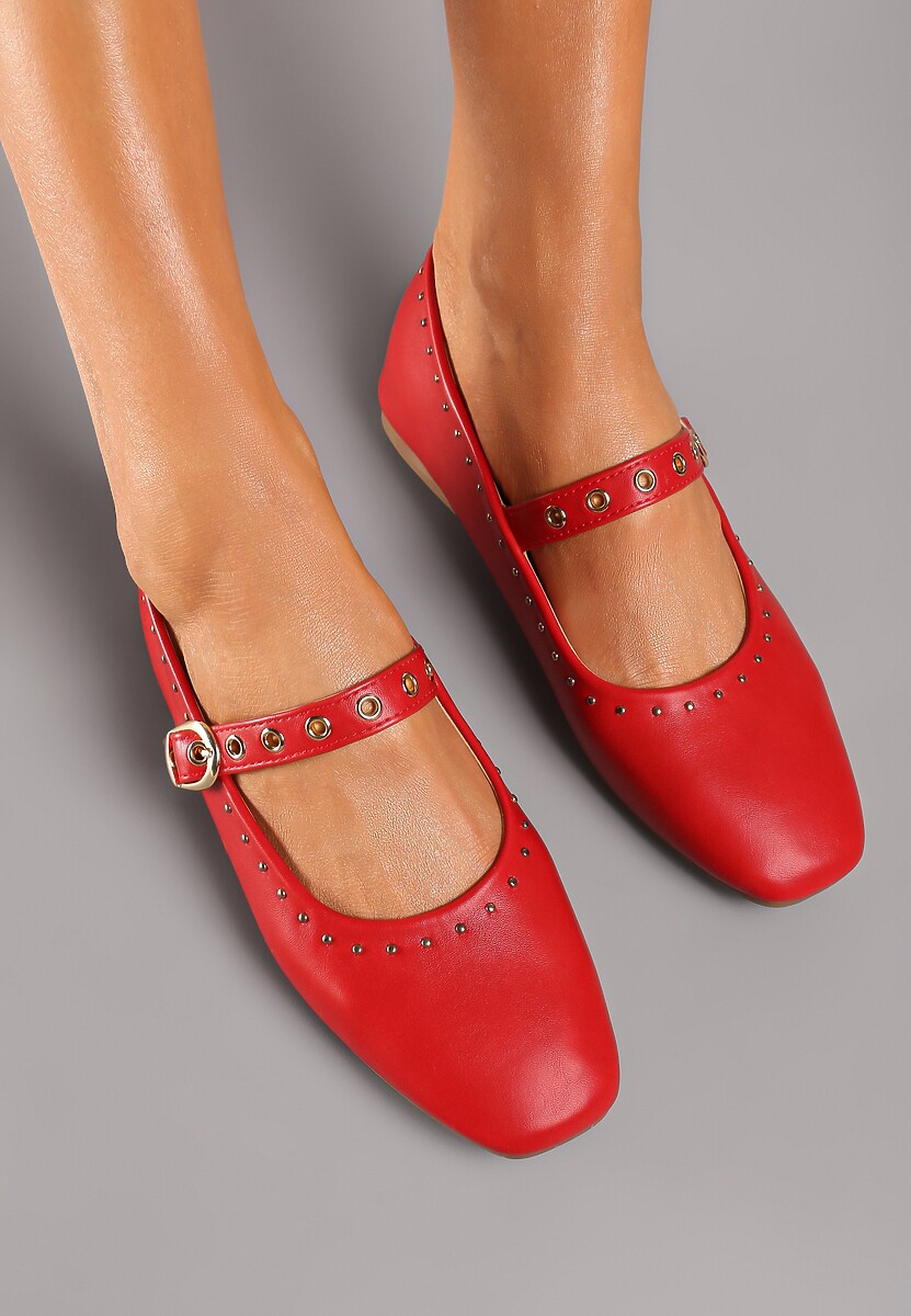 Czerwone Balerinki na Płaskiej Podeszwie Mary Jane z Ćwiekami Bialonna