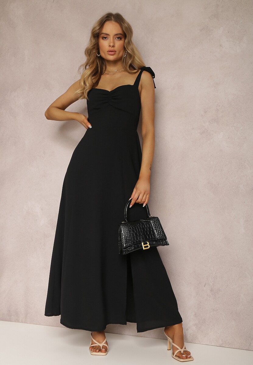 Czarna Sukienka Rozkloszowana z Wiązanymi Ramiączkami i Wycięciem Argomeda