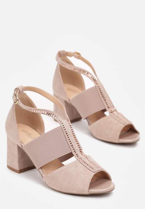 Beżowe Sandały Peep Toe z Ozdobnym Paskiem z Cyrkoniami Keile