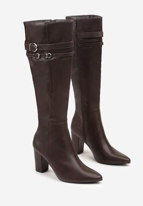 Brązowe Kozaki do Kolan na Słupkowym Obcasie ze Sprzączkami na Paskach Miobela