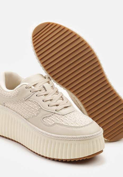 Beżowe Sneakersy ze Skóry Naturalnej na Tłoczonej Platformie Mirivin