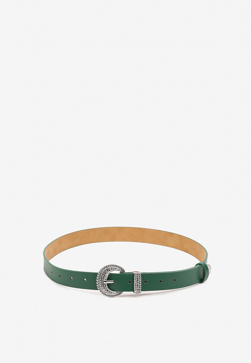 Zielony Casualowy Pasek Ozdobiony Metaliczną Klamrą z Cyrkoniami Nelasia