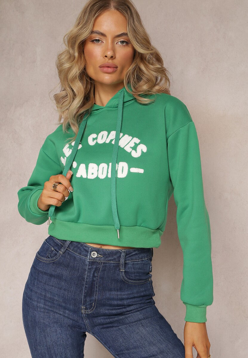 Zielona Dzianinowa Bluza z Nadrukiem i Kapturem Faminese