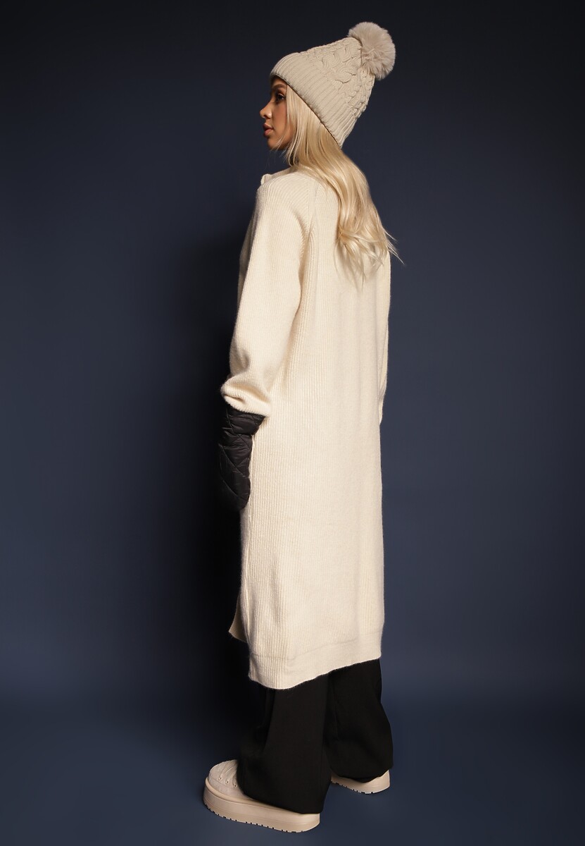 Jasnobeżowy Długi Kardigan o Prostym Kroju ze Stójką z Domieszką Wełny i Zapięciem na Suwak Bonitana