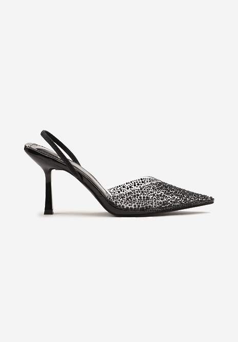 Czarne Sandały z Transparentnym Noskiem na Szpilce Ozdobione Perłami i Cyrkoniami Halene