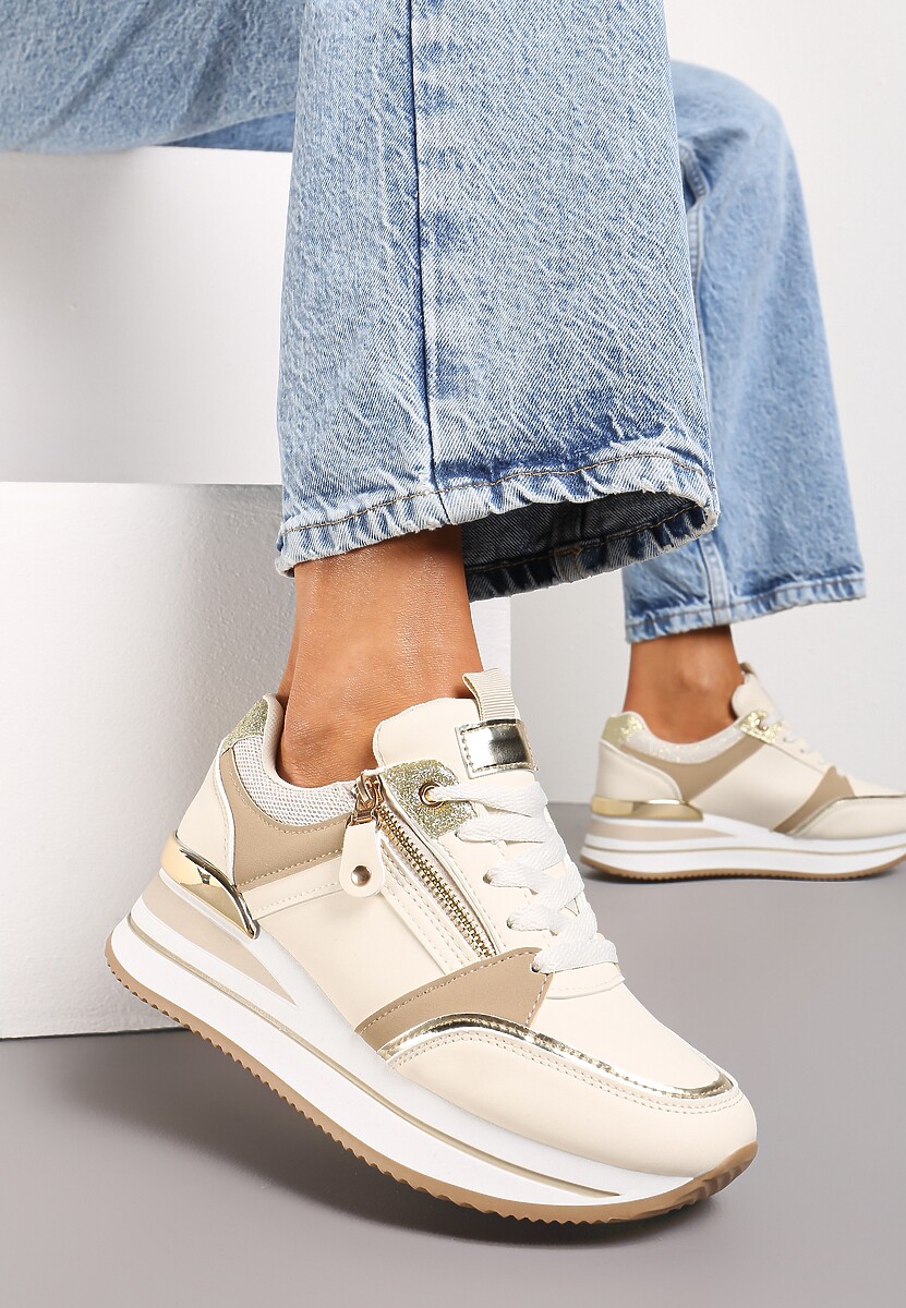 Beżowe Sneakersy na Platformie z Metaliczną Lamówką i Brokatem Bivina