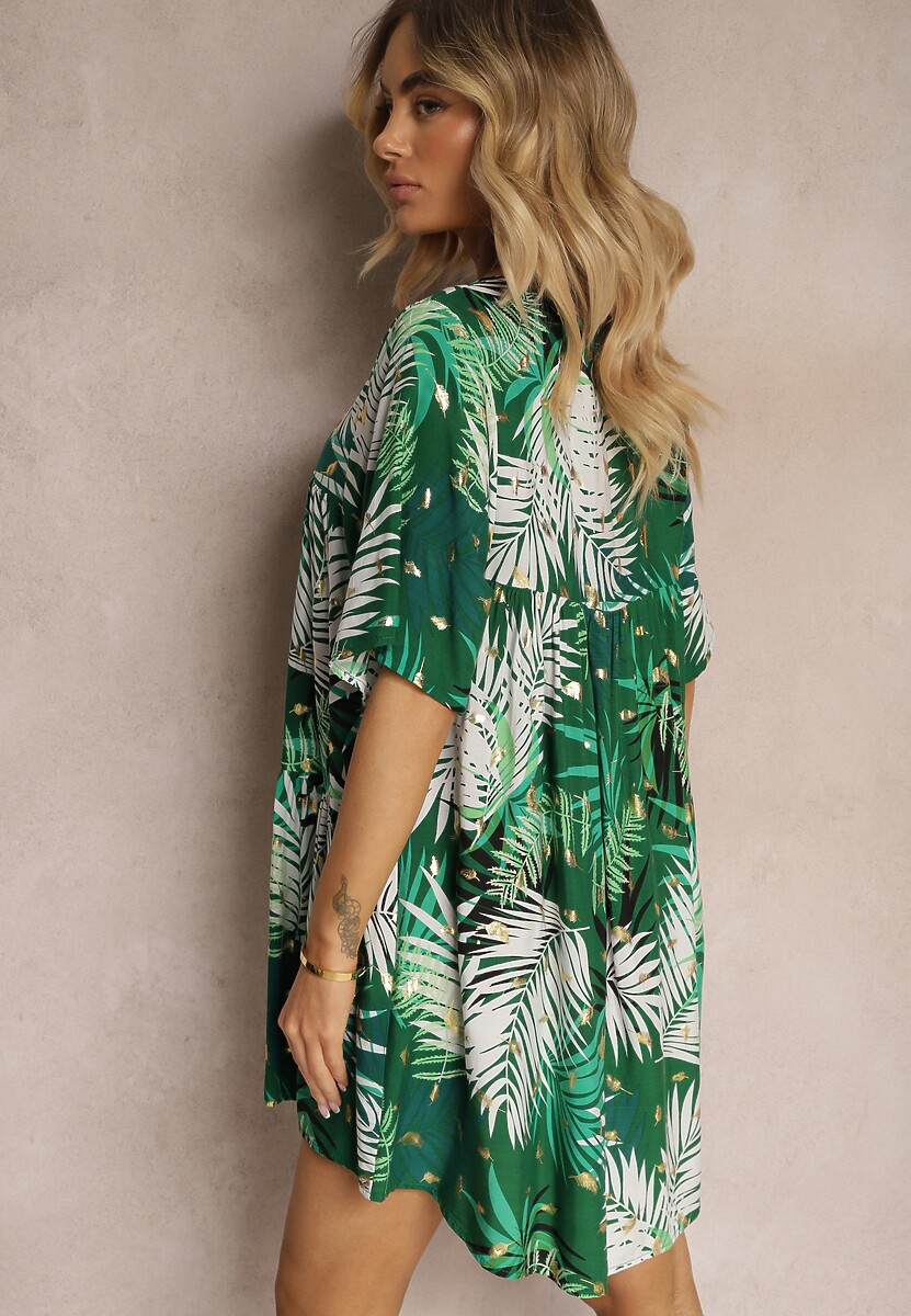 Biało-Zielona Sukienka o Rozkloszowanym Kroju z Falbanką i Trójkątnym Dekoltem Tiamaya