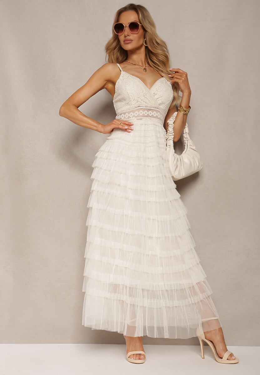 Beżowa Sukienka z Koronką na Regulowanych Ramiączkach z Falbankami Joellama