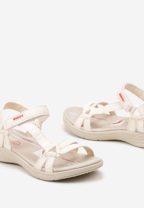 Beżowo-Czerwone Sandały Zapinane na Rzep z Wkładką ze Skóry Naturalnej Rosxa