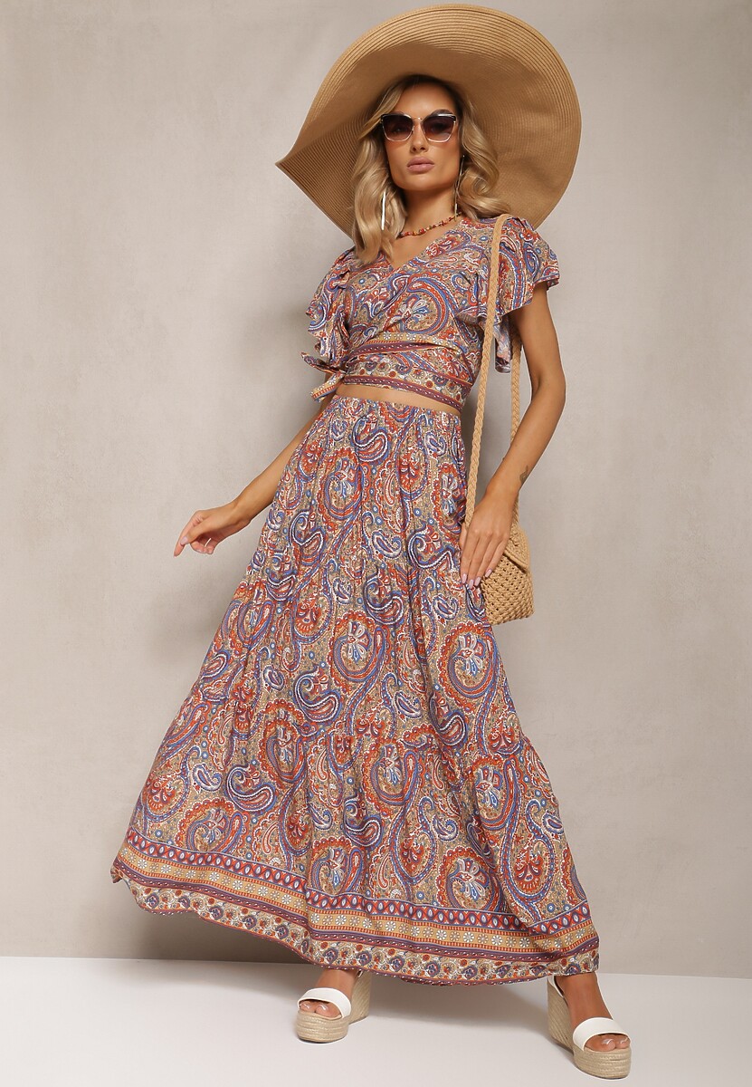 Czarno-Bordowy Wiskozowy Komplet 2-Częściowy w Print Paisley Długa Spódnica i Kopertowy Top Aeodosia