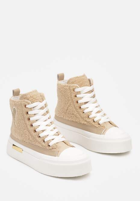 Ciemnobeżowe Brokatowe Trampki na Platformie z Cholewką za Kostkę Nevirosa