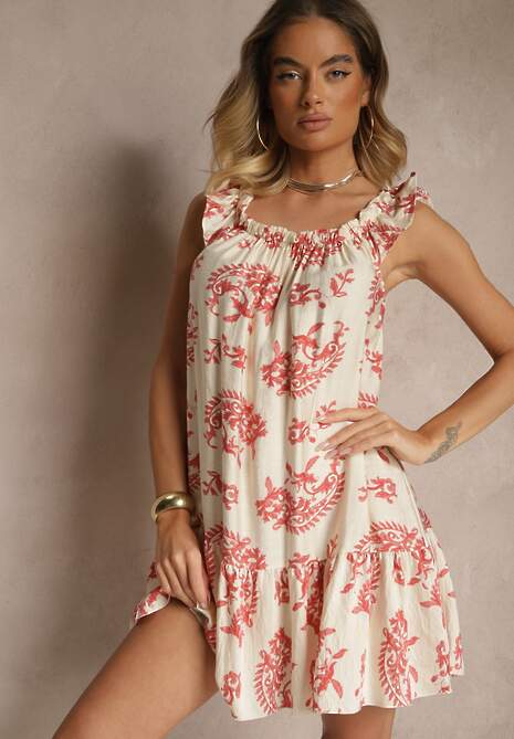 Różowa Sukienka z Wiskozą Ozdobiona Falbanką Ellitne