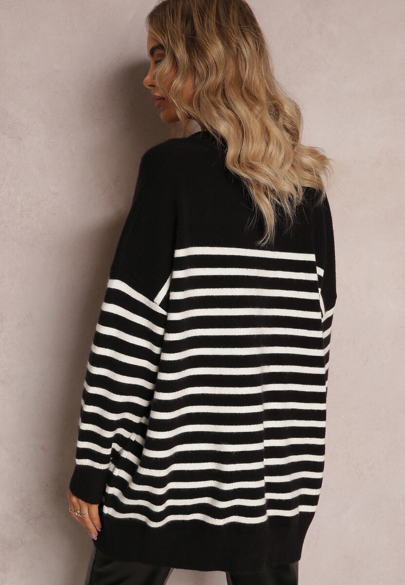 Czarny Kardigan w Paski o Wydłużonym Fasonie z Dekoltem V Zapinany na Guziki Ravime