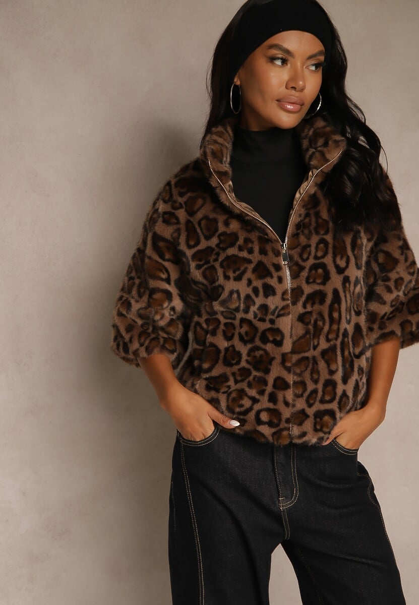 Panterkowa Trapezowa Kurtka Futerko z Rękawami Długości 3/4 Tadeva