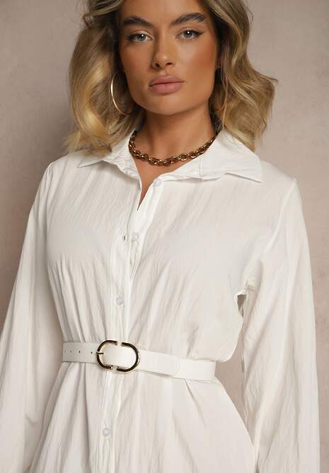 Biała Koszulowa Sukienka z Wiskozą Zakończona Falbanką Tirzedi