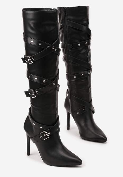 Czarne Kozaki Bikery na Szpilce z Klamrami i Paskami Jurisse