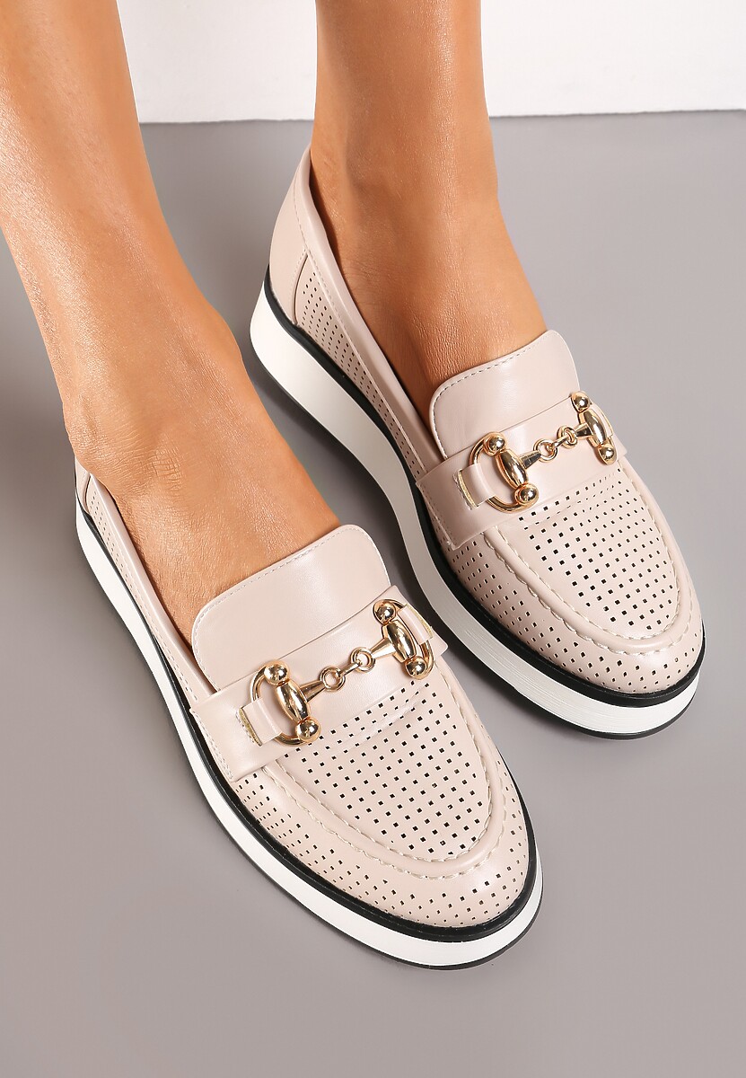 Beżowe Ażurowe Mokasyny z Ekoskóry na Grubej Podeszwie z Metaliczną Klamrą Valesin